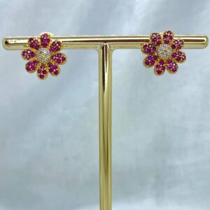 Par de Brincos Flower em Ouro 18k c/Rubis e Brilhantes