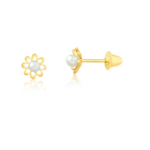 Par de Brincos Flower c\ Pérola Ouro 18k